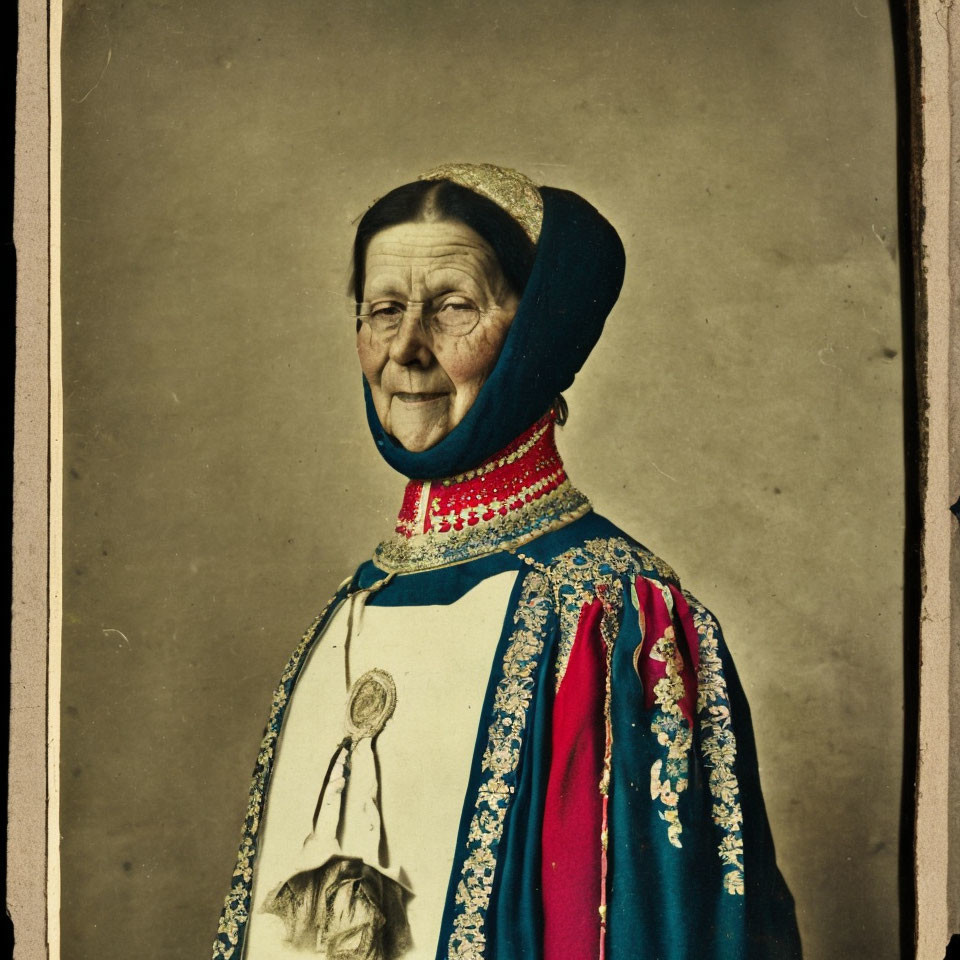 Elderly woman in traditional attire with colorful embroidery and medallion.