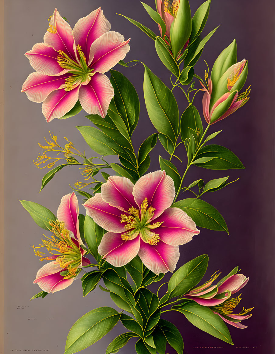 Pink and White Lilies Botanical Illustration with Green Leaves