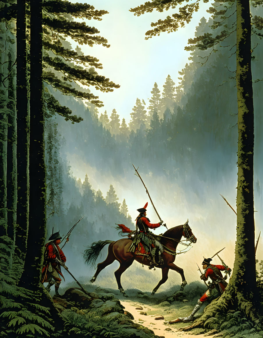 Native American figures on foot and horseback in misty forest