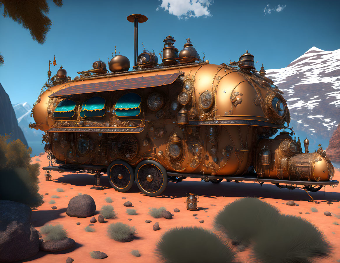 Steampunk-style vehicle with brass details in desert landscape