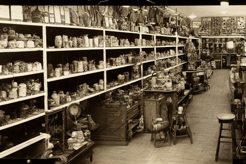 Vintage Store Interior with Antique Collectibles & Rich Wood Tones