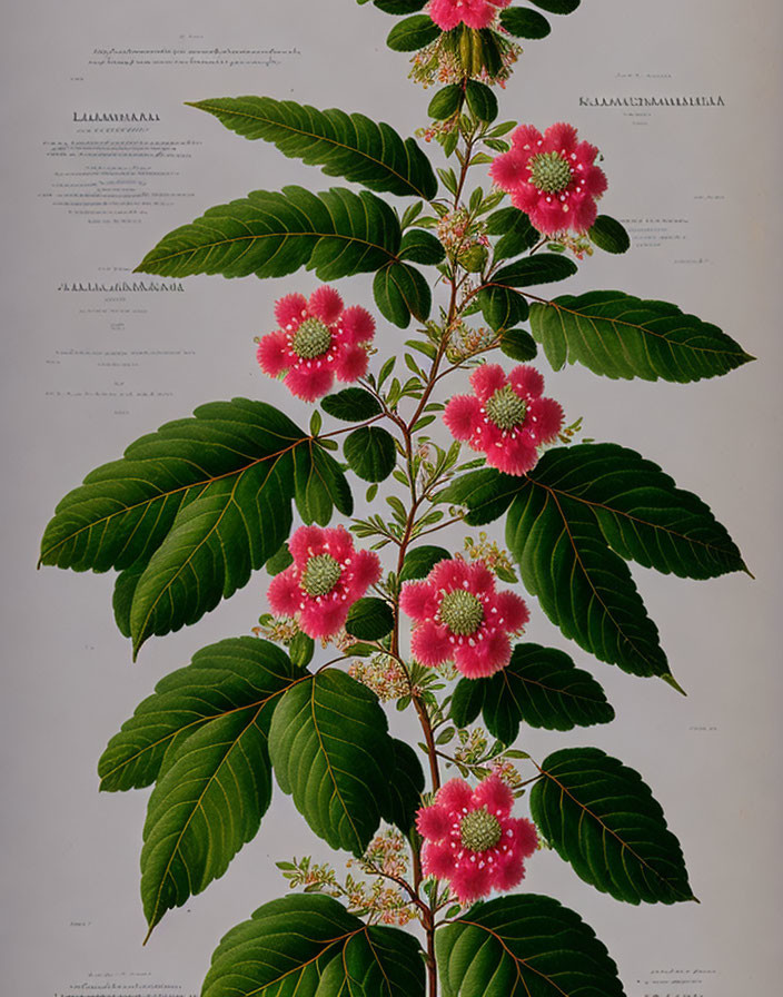 Botanical illustration: Large green leaves, vibrant pink flowers with stamens, grey background