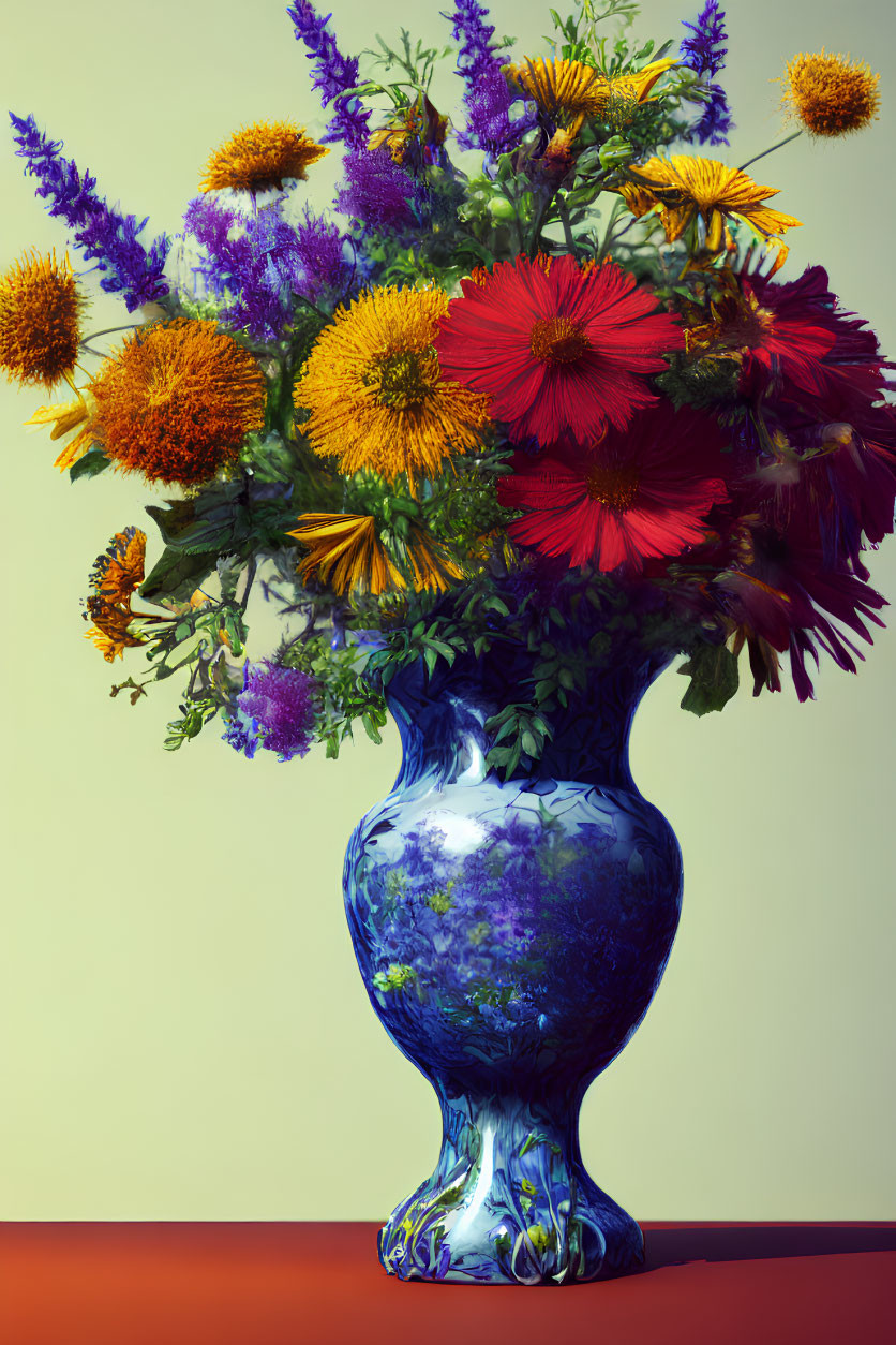 Colorful bouquet in blue vase on two-tone background