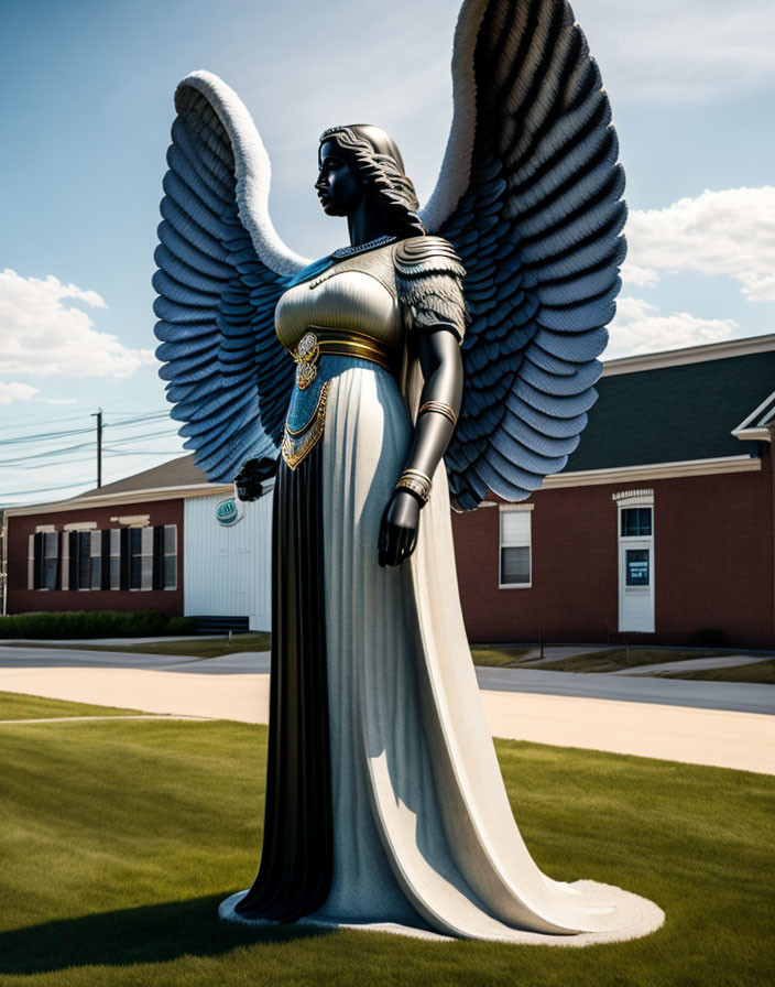 Majestic angel statue with large wings and elegant jewelry under clear blue sky