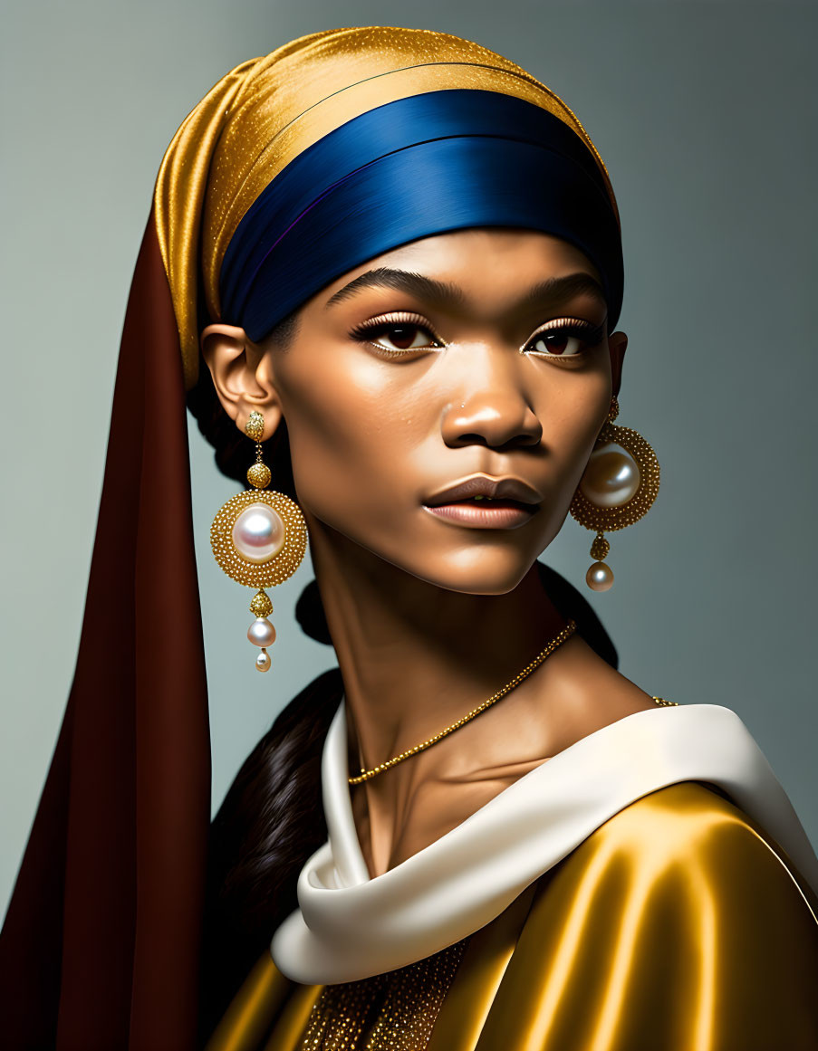 Golden Attire Woman with Headscarf and Circular Earrings Illustration