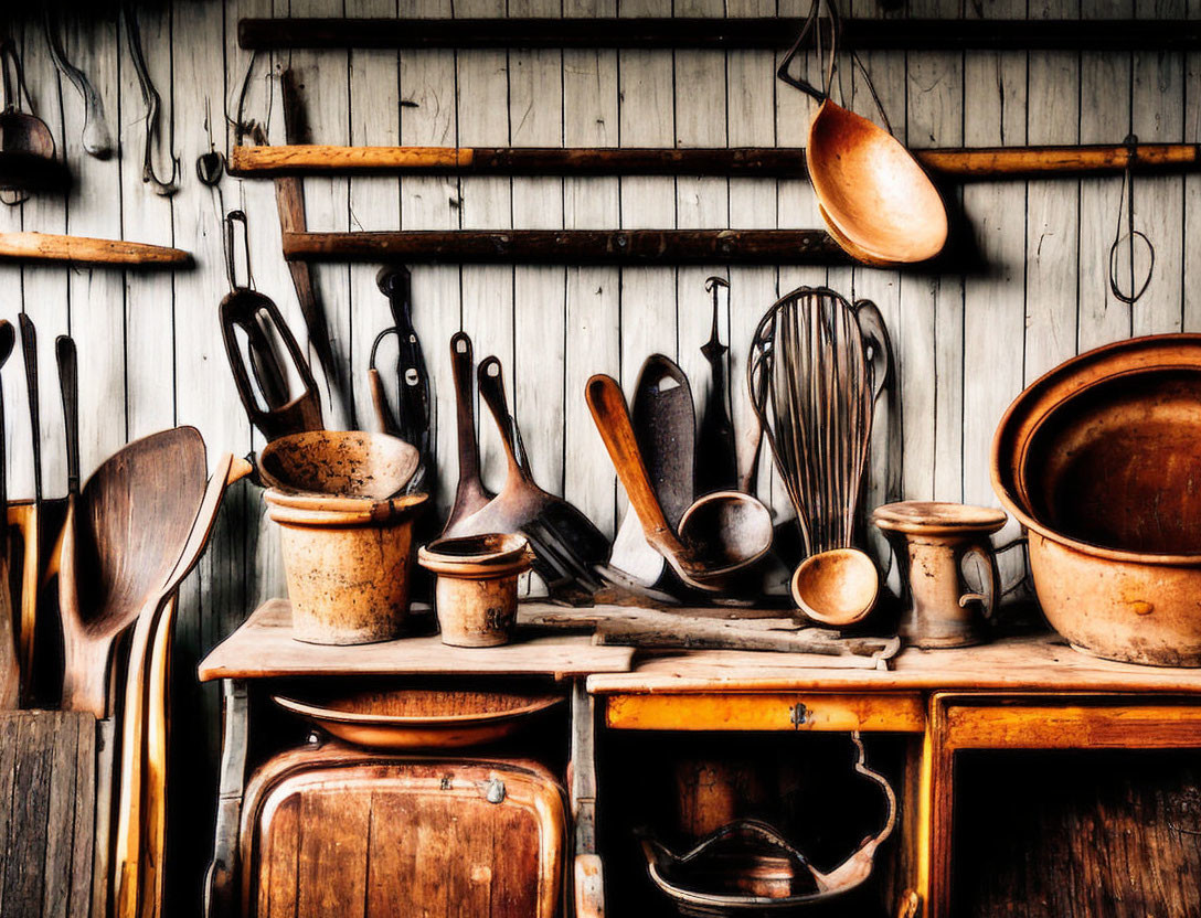 Assorted Vintage Kitchenware Displayed on Wooden Wall