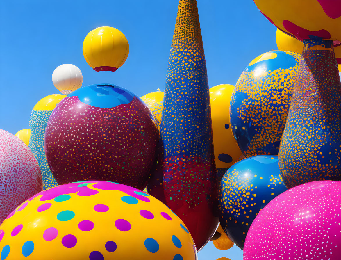 Colorful polka-dotted balloons in various sizes under clear blue sky