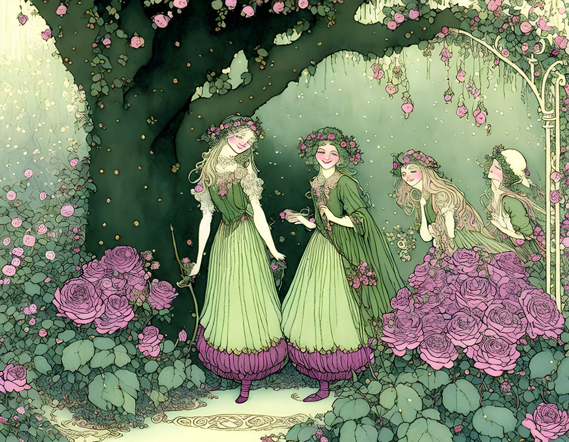 Four Women in Green Dresses with Floral Crowns Surrounded by Roses and Vines