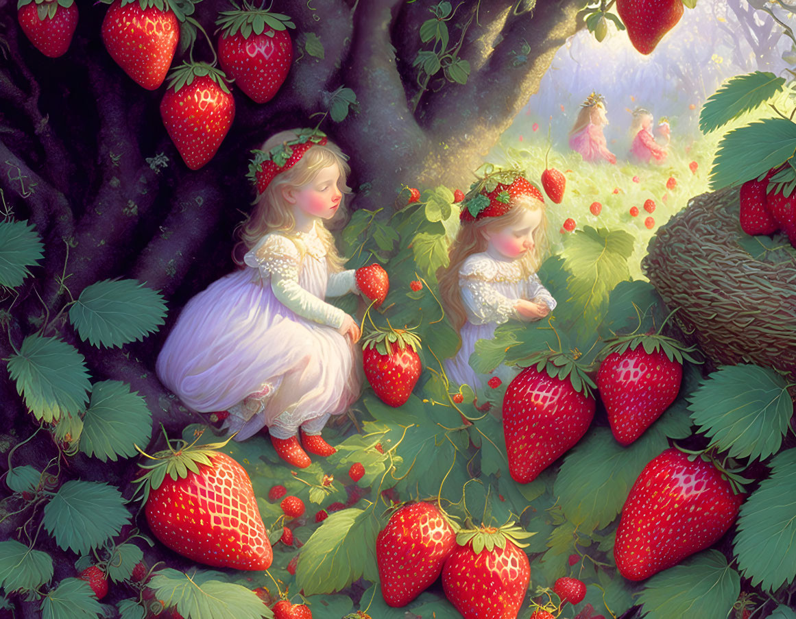 Young girls in magical forest with oversized strawberries and lush greenery