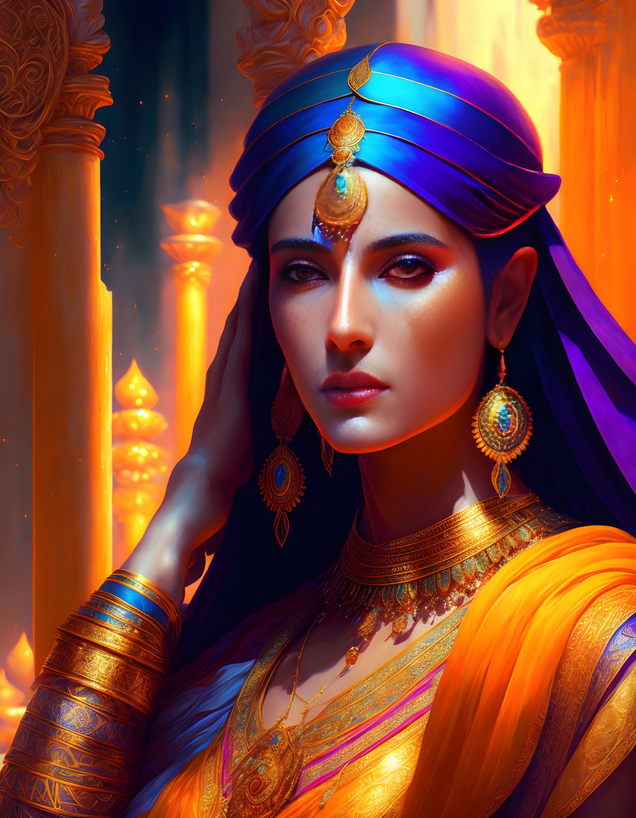 Digital Portrait: Woman in Blue Headscarf with Gold Jewelry in Golden Pillared Setting