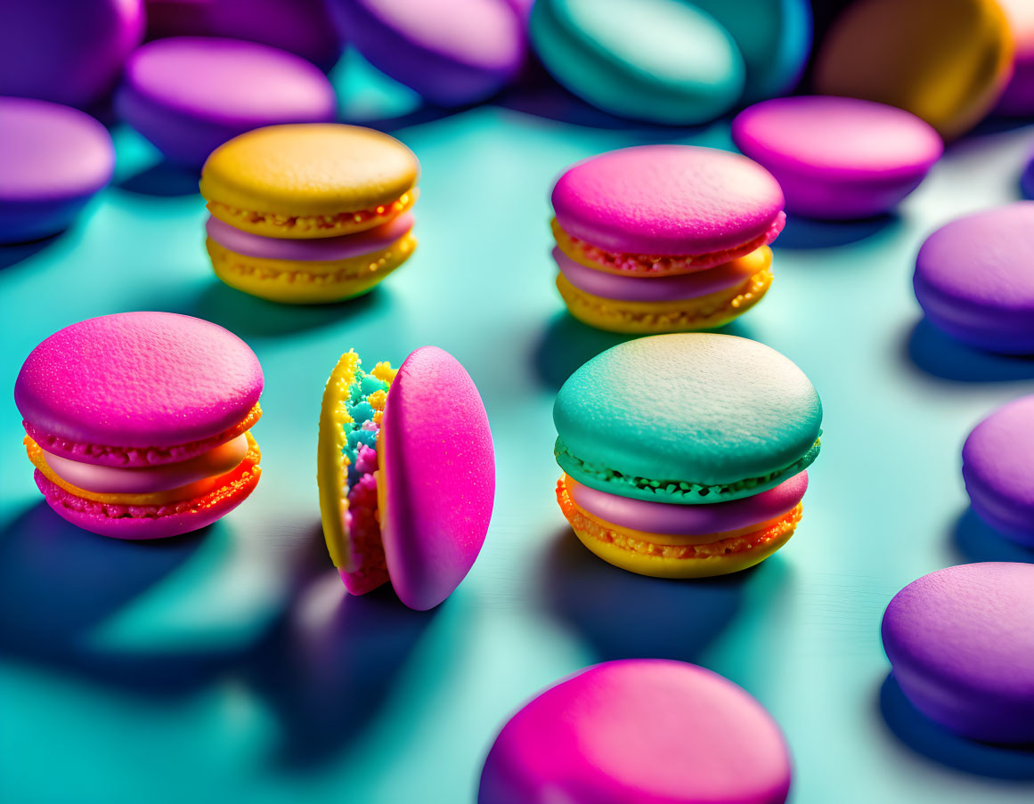 Vibrant macarons on teal background, featuring two macarons in focus