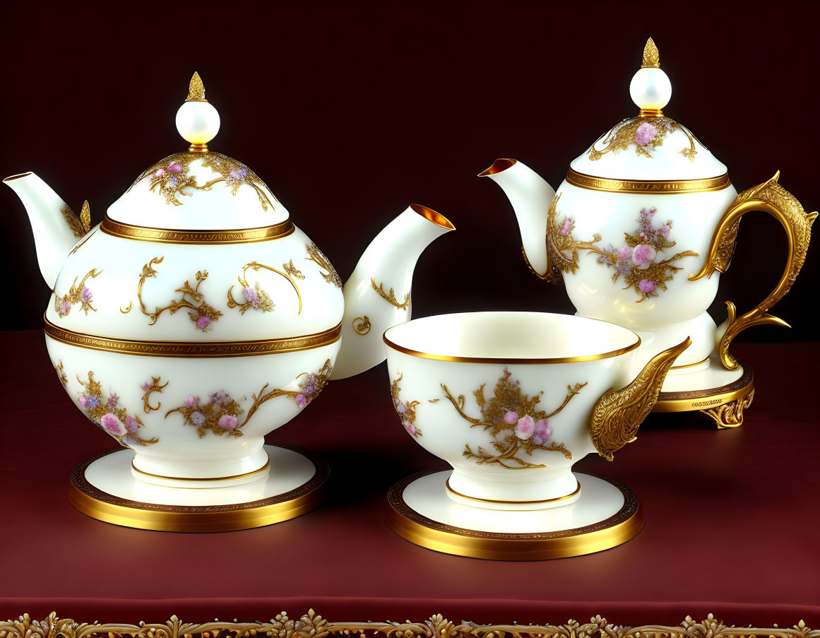 White and Gold Porcelain Teapot Set with Floral Designs on Dark Red Background