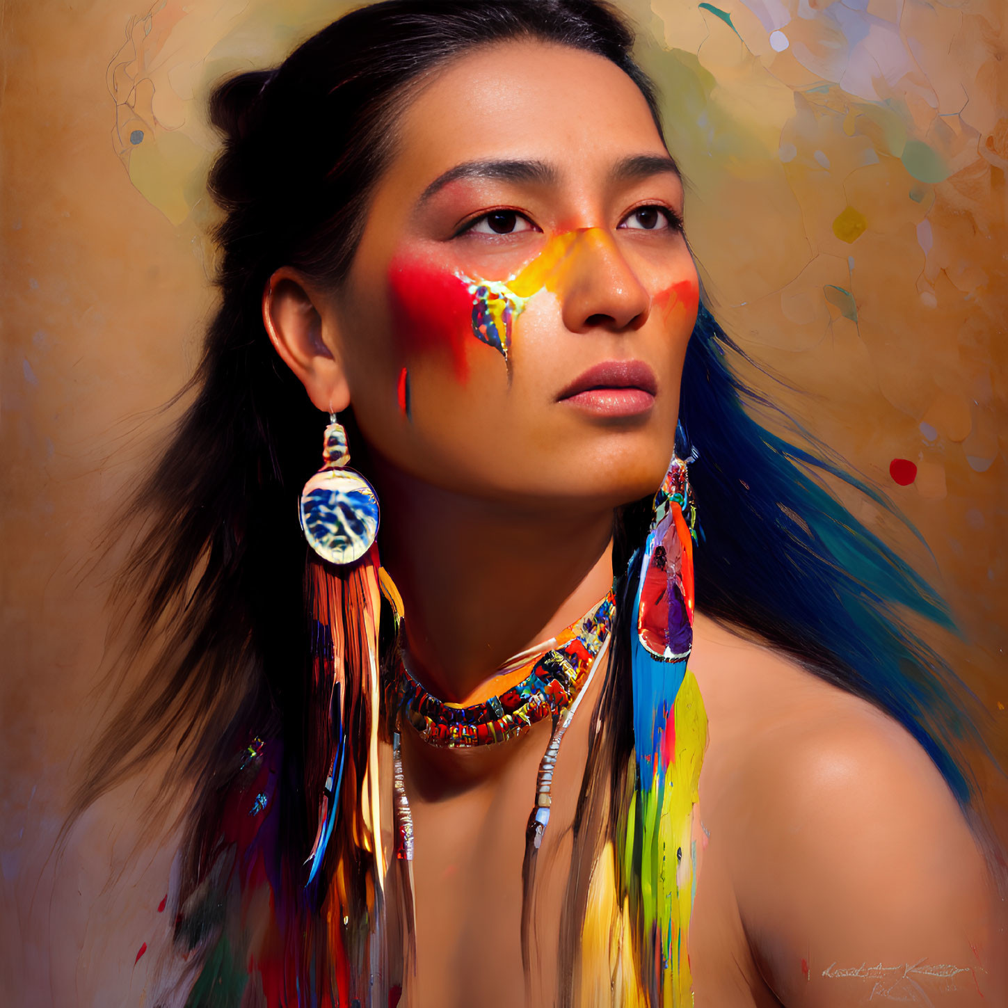 Colorful Face Paint and Beaded Jewelry Portrait on Warm Background