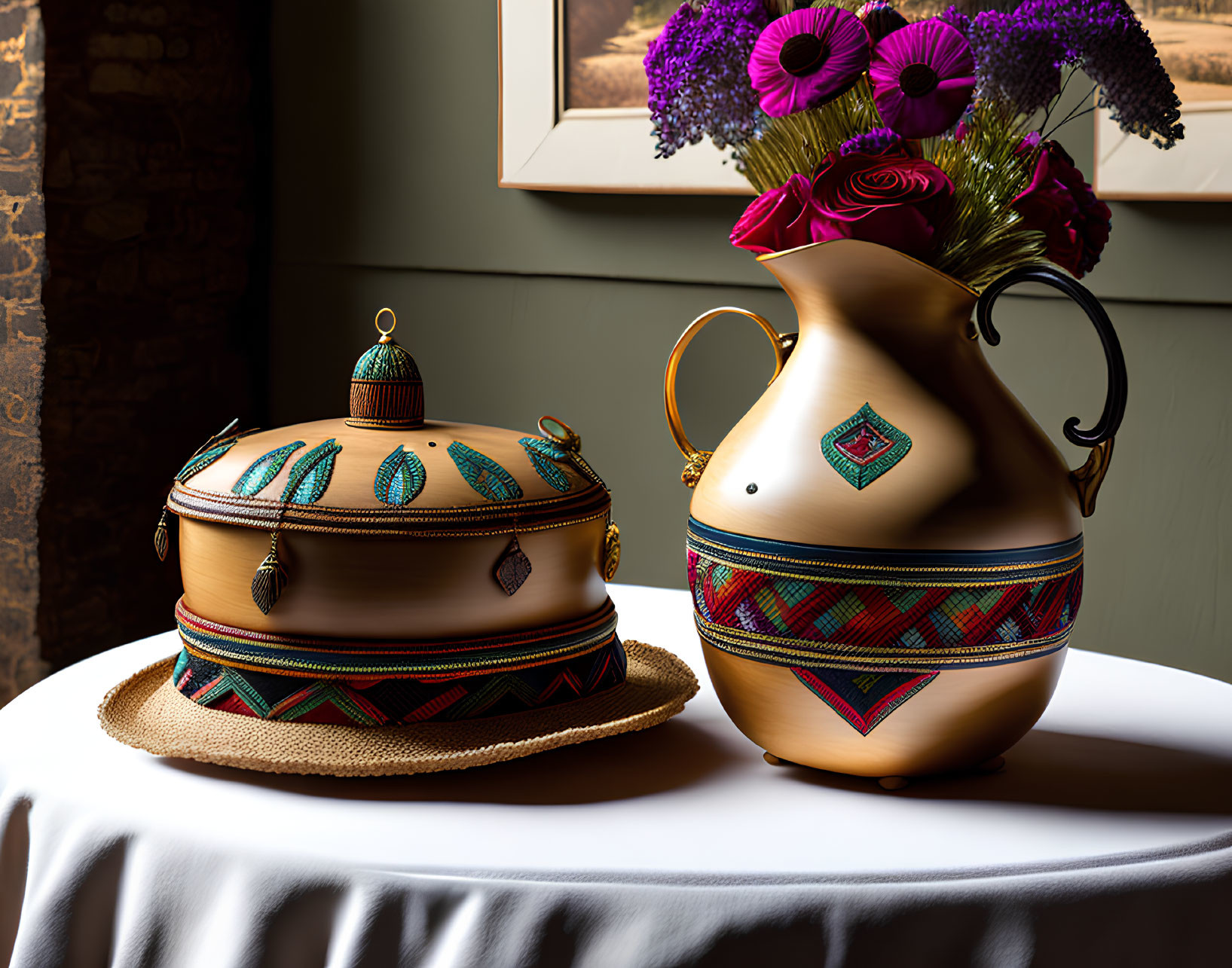 Intricate terracotta pot, tureen, and vibrant floral pitcher on white table