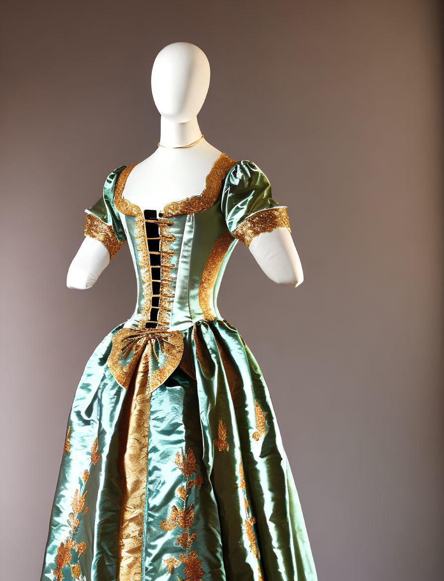 Elaborate Green and Gold Historical Gown with Puffed Sleeves