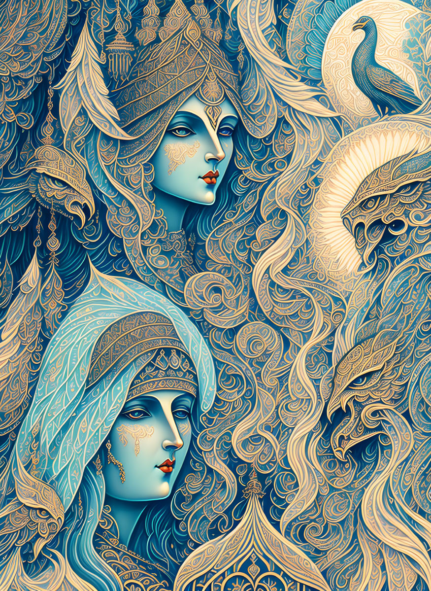 Detailed illustration of two women with ornate headdresses, peacocks, and intricate blue-gold