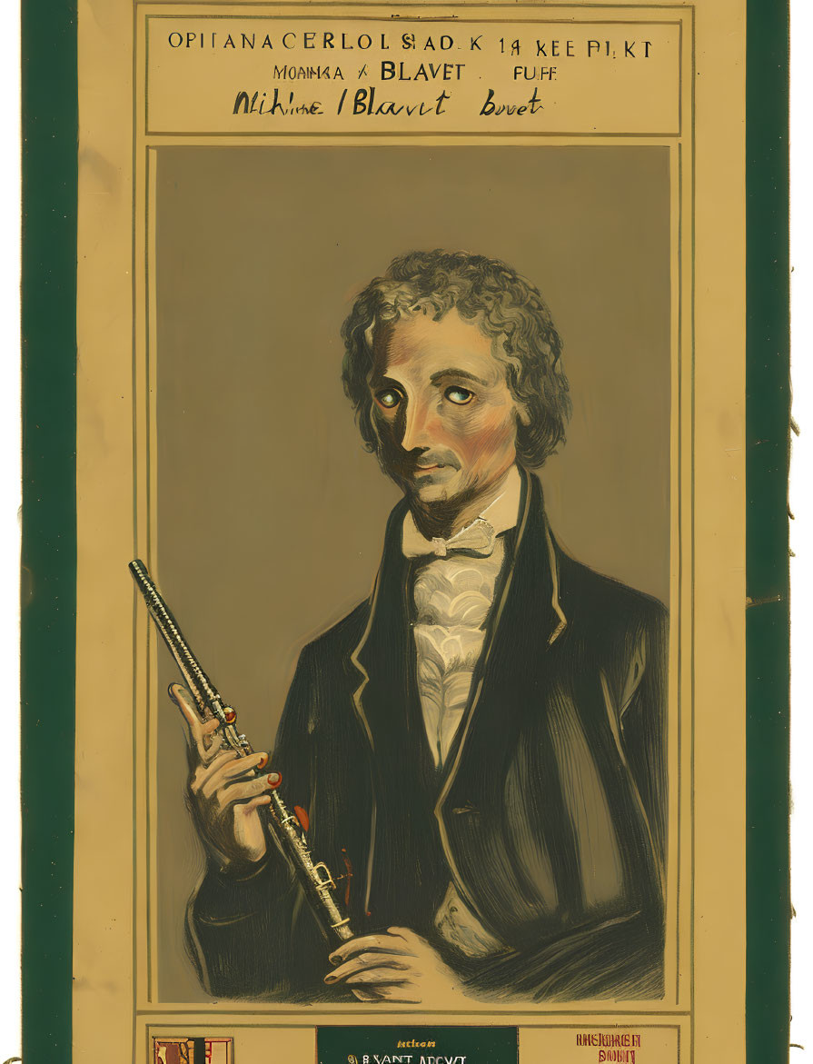 Vintage-style illustrated portrait of man with oboe and decorative text and emblems.