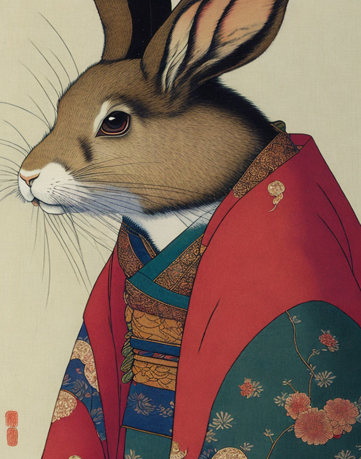 Rabbit in Japanese attire with floral patterns