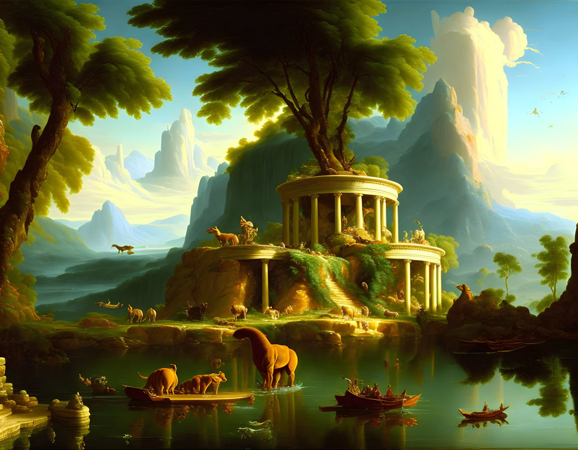 Prehistoric scene with dinosaurs, humans, ancient buildings, lake, and mountains