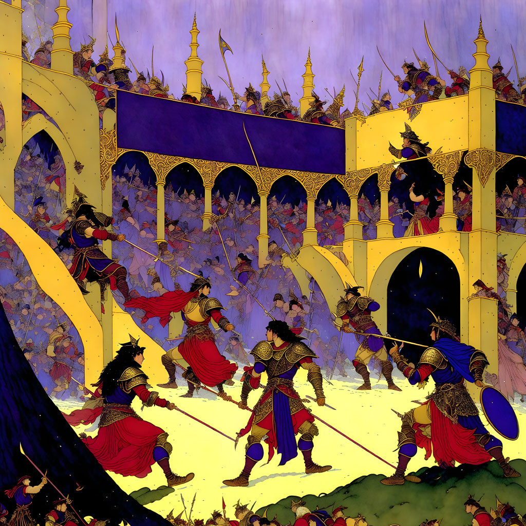 Detailed Battle Scene Illustration with Adorned Warriors Clashing near Golden-Purple Palace