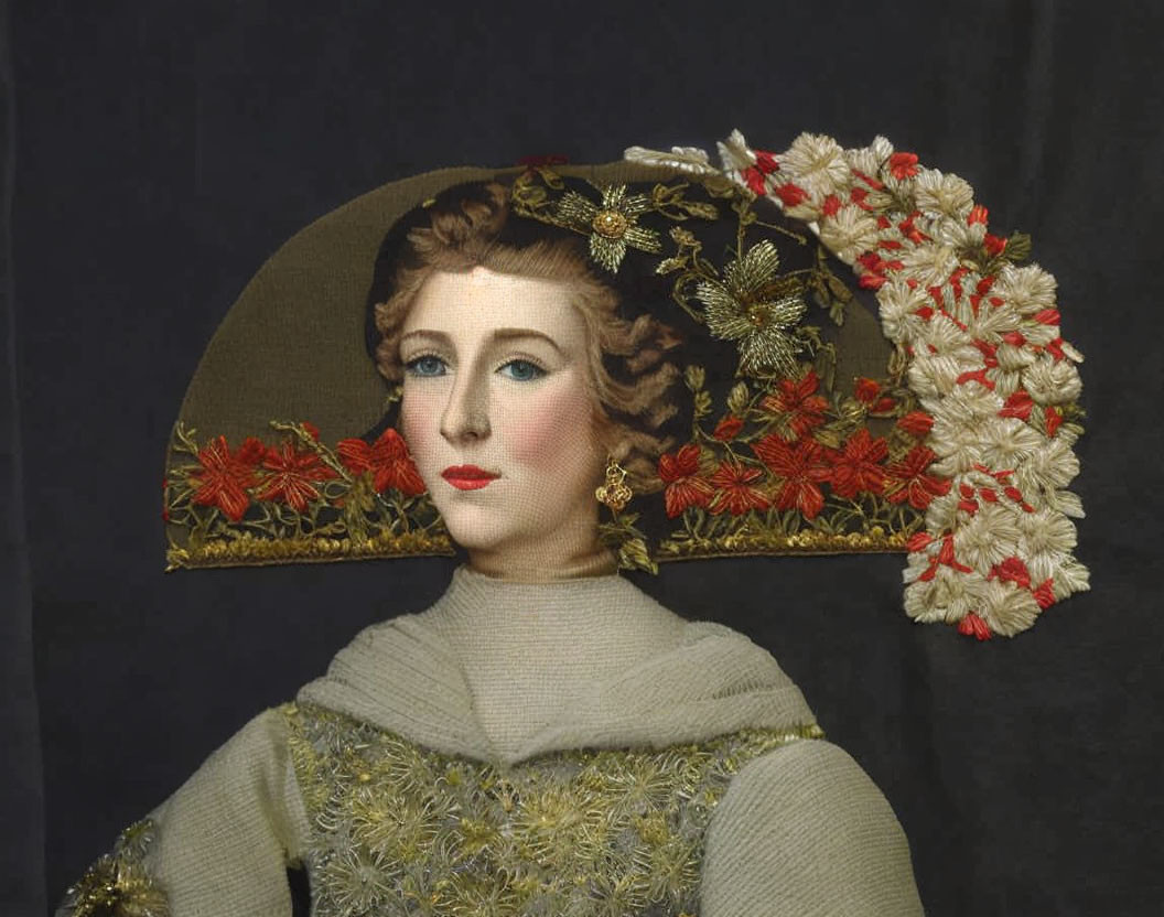 Portrait of Woman with Red and White Flower Headpiece and Decorative Dress