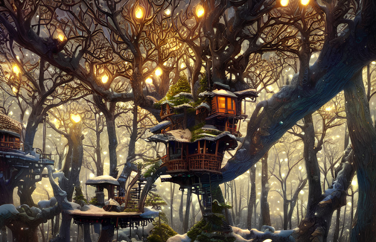 Snow-covered forest with intricate treehouses and glowing lanterns at winter twilight