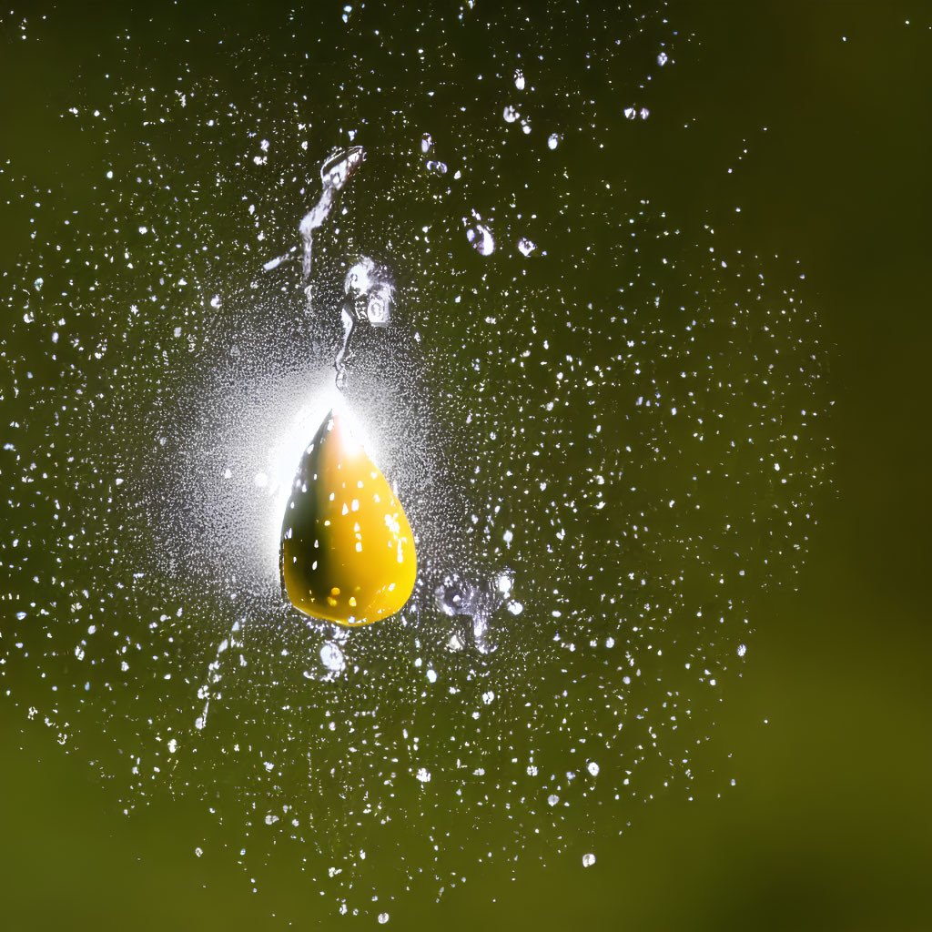 Yellow fruit in mid-air with water droplets on green background