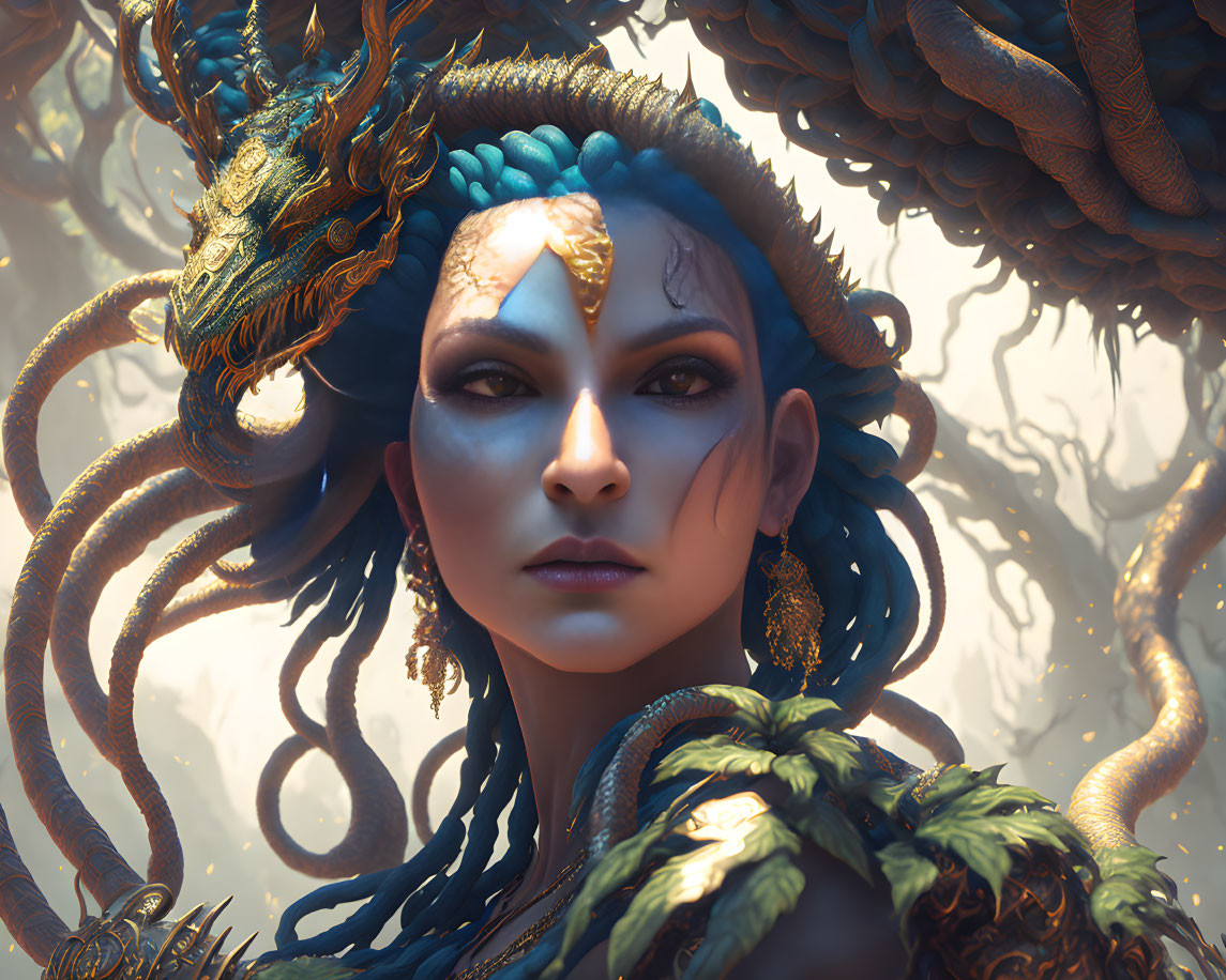 Fantasy portrait: Woman with blue serpent-like creatures in hair