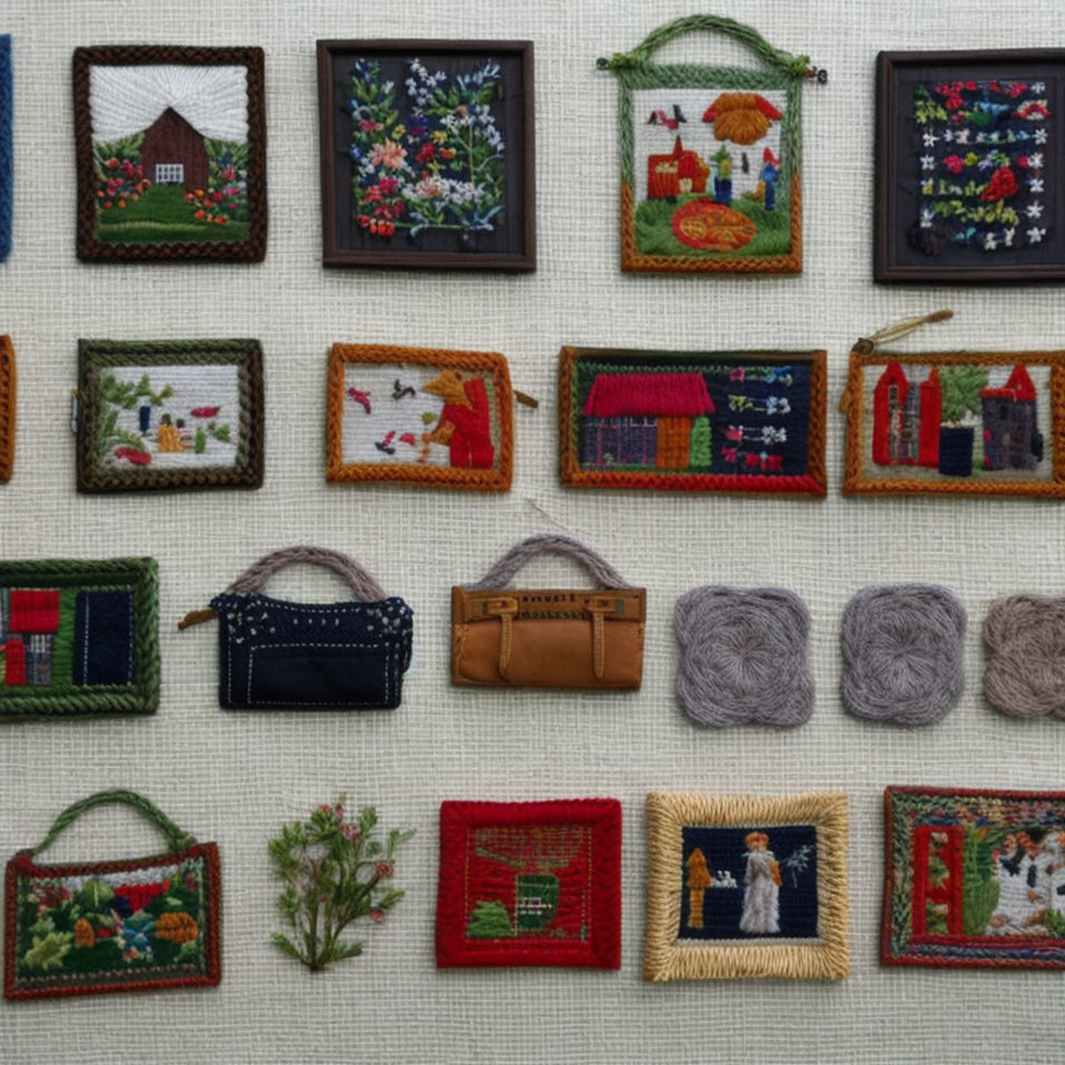 Handcrafted Needlework Pieces and Bags Displayed with Various Patterns and Colors