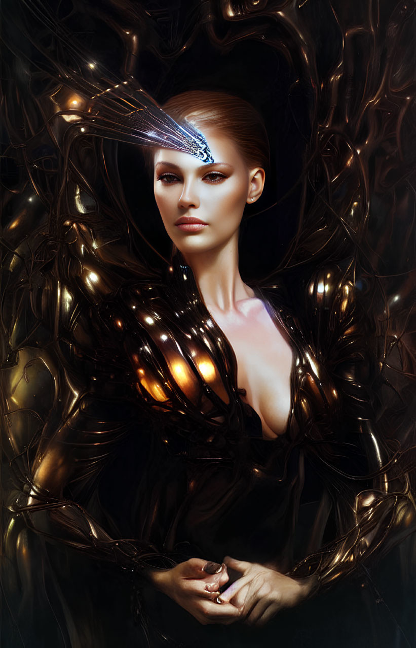 Ethereal woman with glowing skin and futuristic headpiece emerges from dark metallic shapes