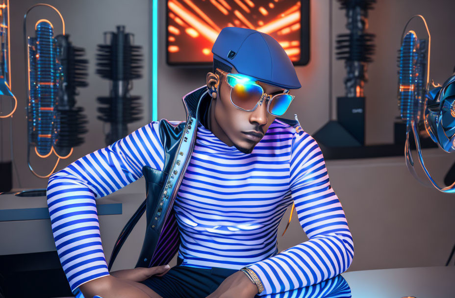 Fashionable individual in blue & white attire posing in futuristic room with glowing coils & fans