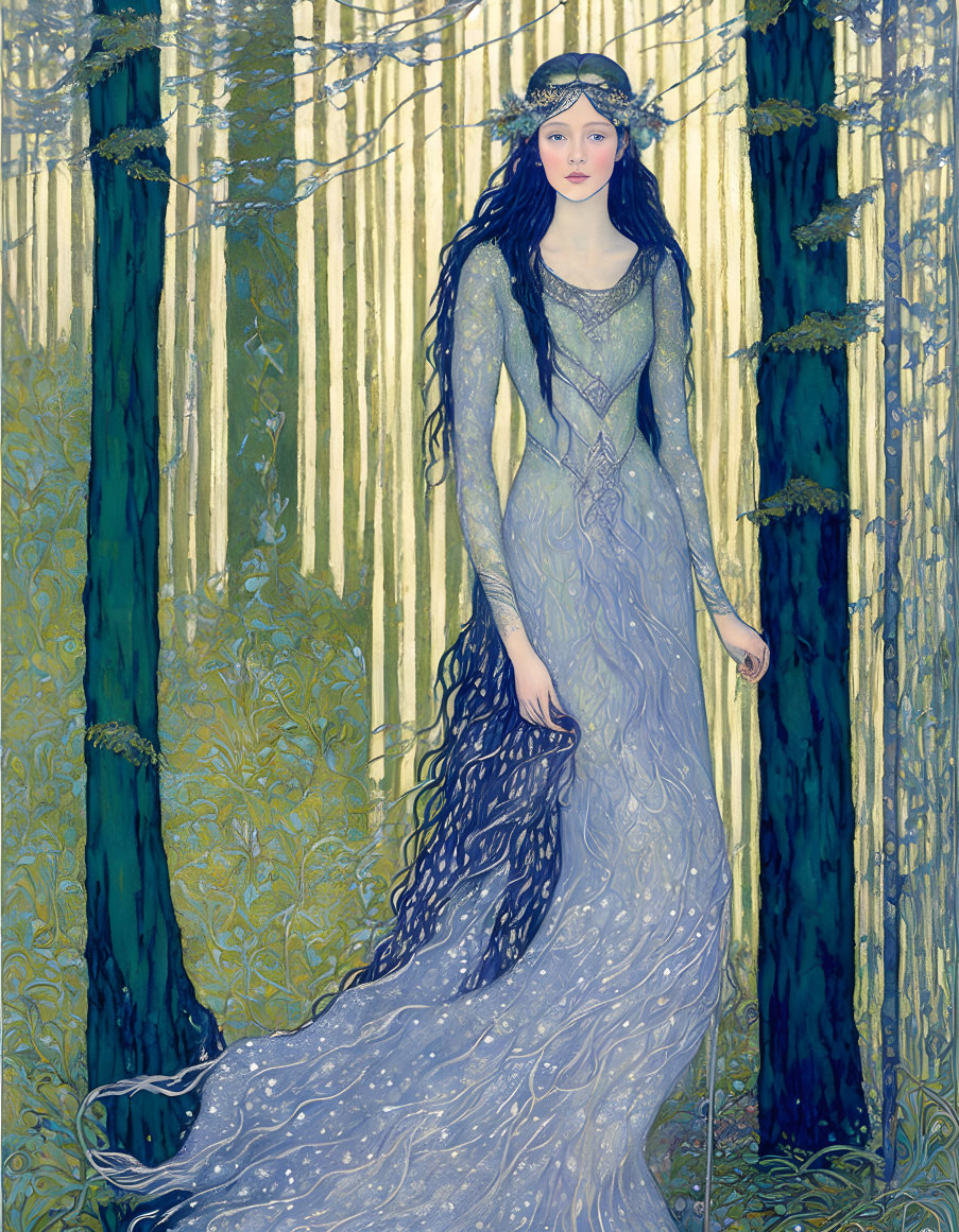 Ethereal woman in blue gown with floral crown in mystical forest