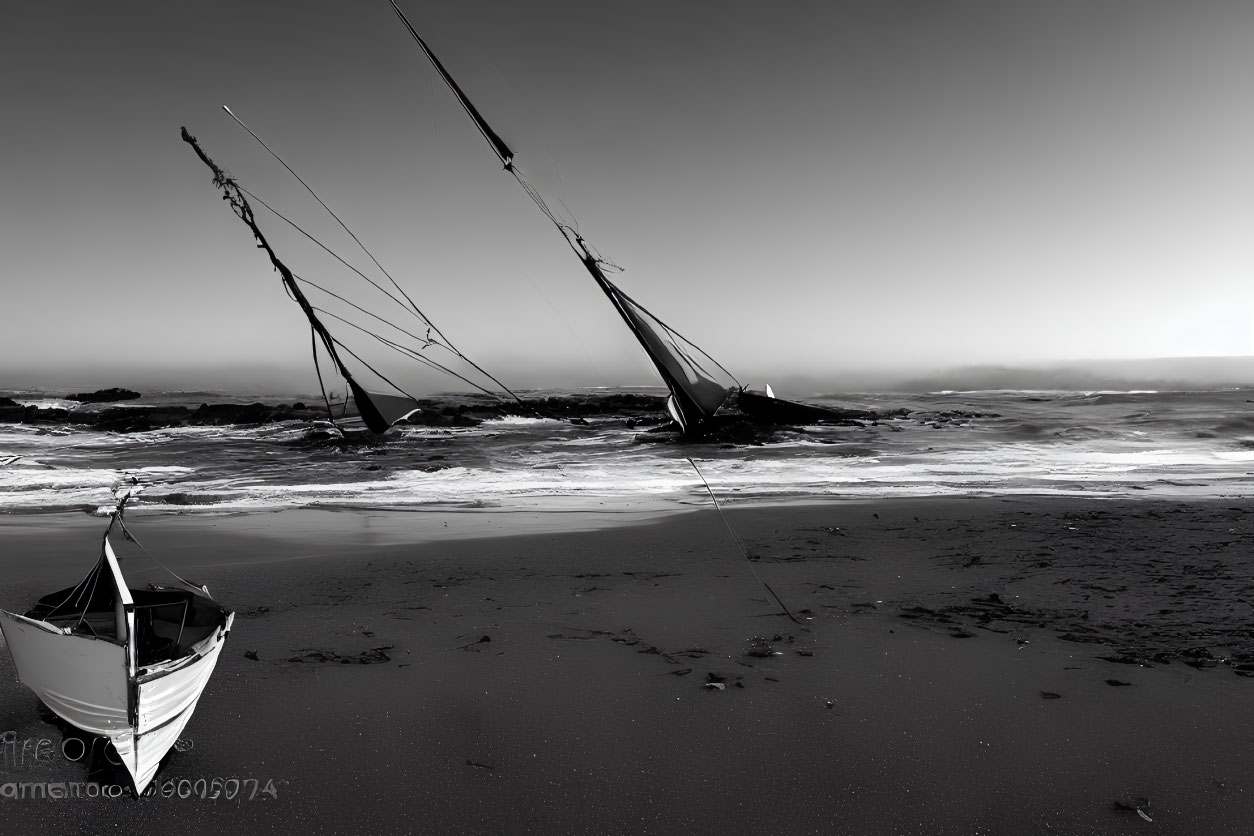 Monochrome beach scene with rowboat and sailboats on shore