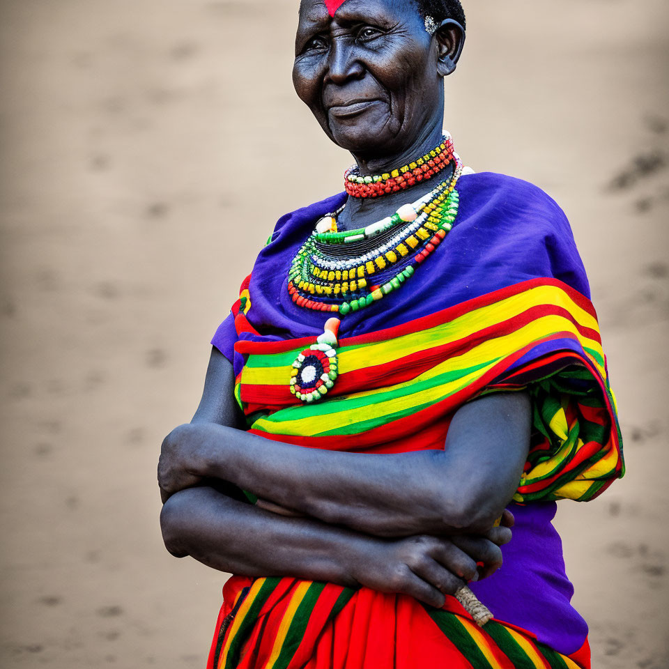 Elderly woman in colorful traditional dress and beaded necklaces