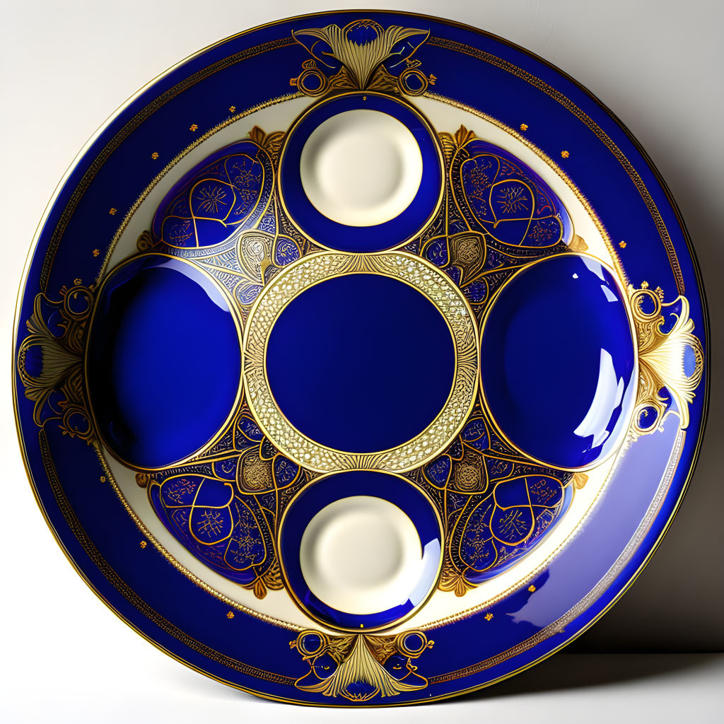 Intricate gold patterns on cobalt blue plate