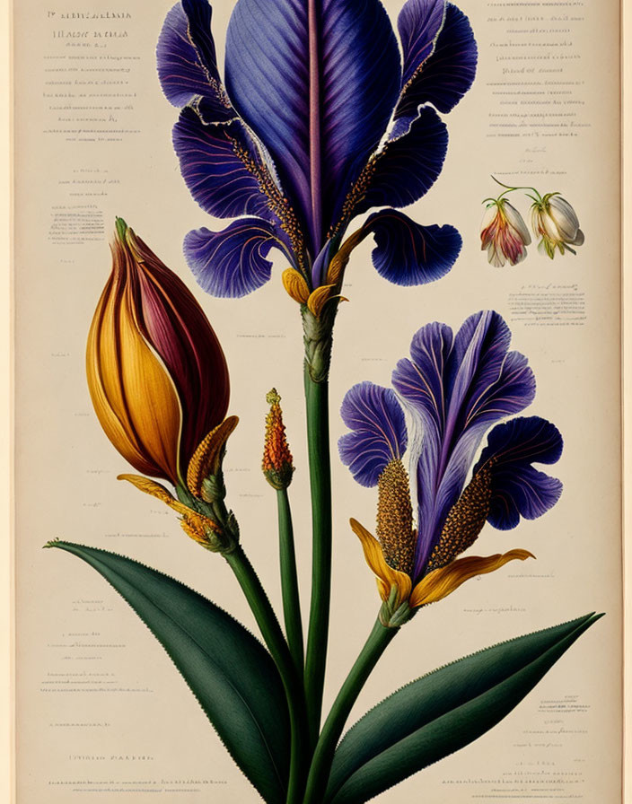 Detailed illustration of large iris plant with blue and purple flower, cross-section bud, and bulb.