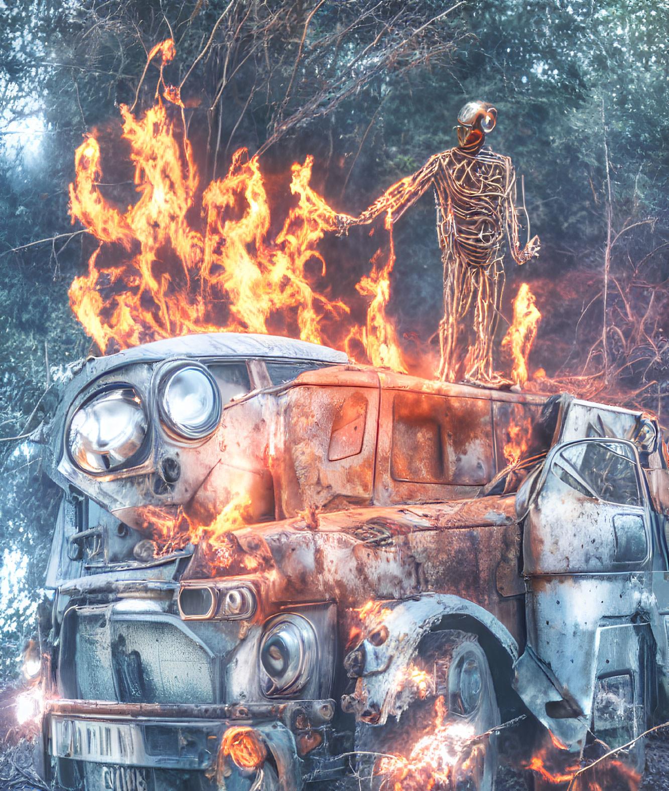 Skeleton on Burning Car in Forest with Outstretched Hand