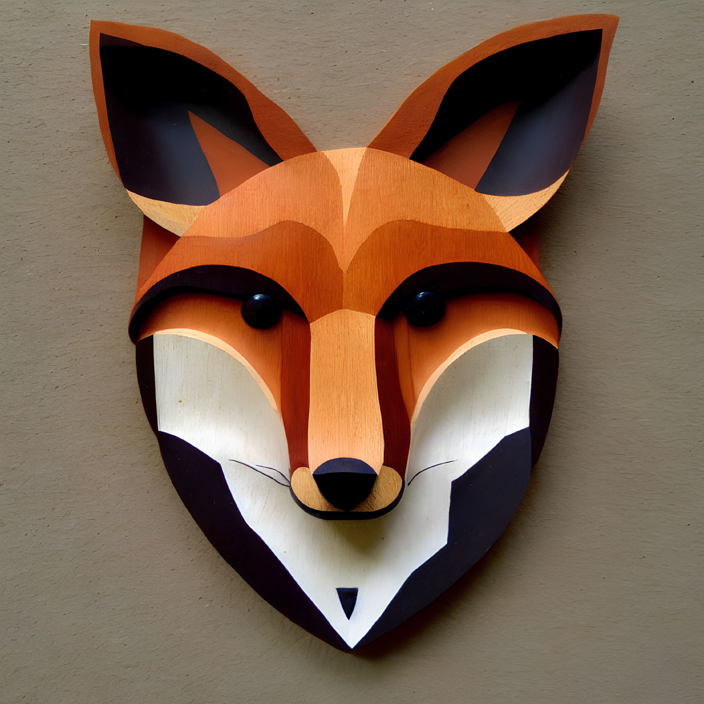 Colorful Wooden Fox Face Mask on Beige Wall with Orange, White, and Black Colors