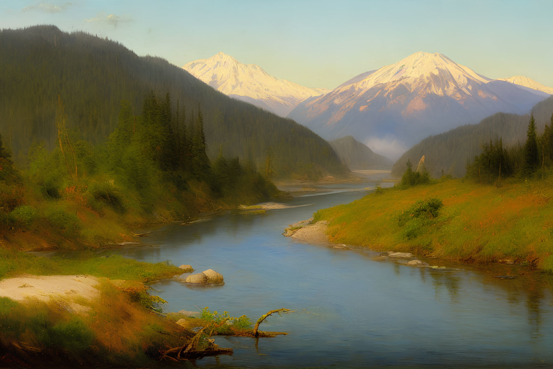 Scenic river in forested valley with snow-capped mountains under golden sky