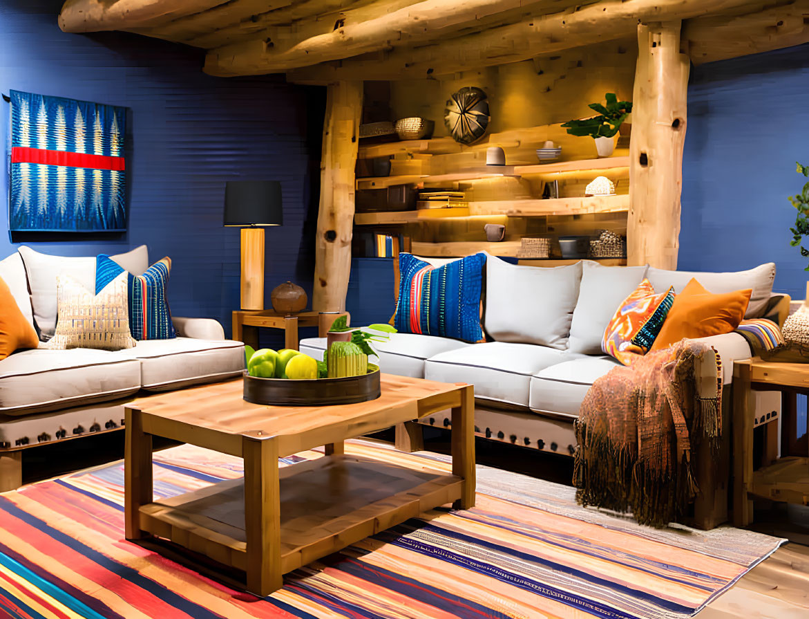 Rustic wooden themed living room with colorful textiles and green apples