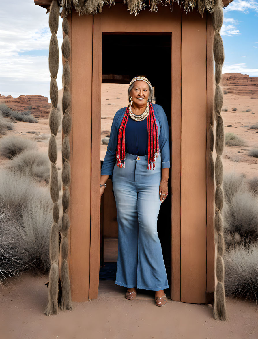 Native American woman in traditional attire at desert doorway