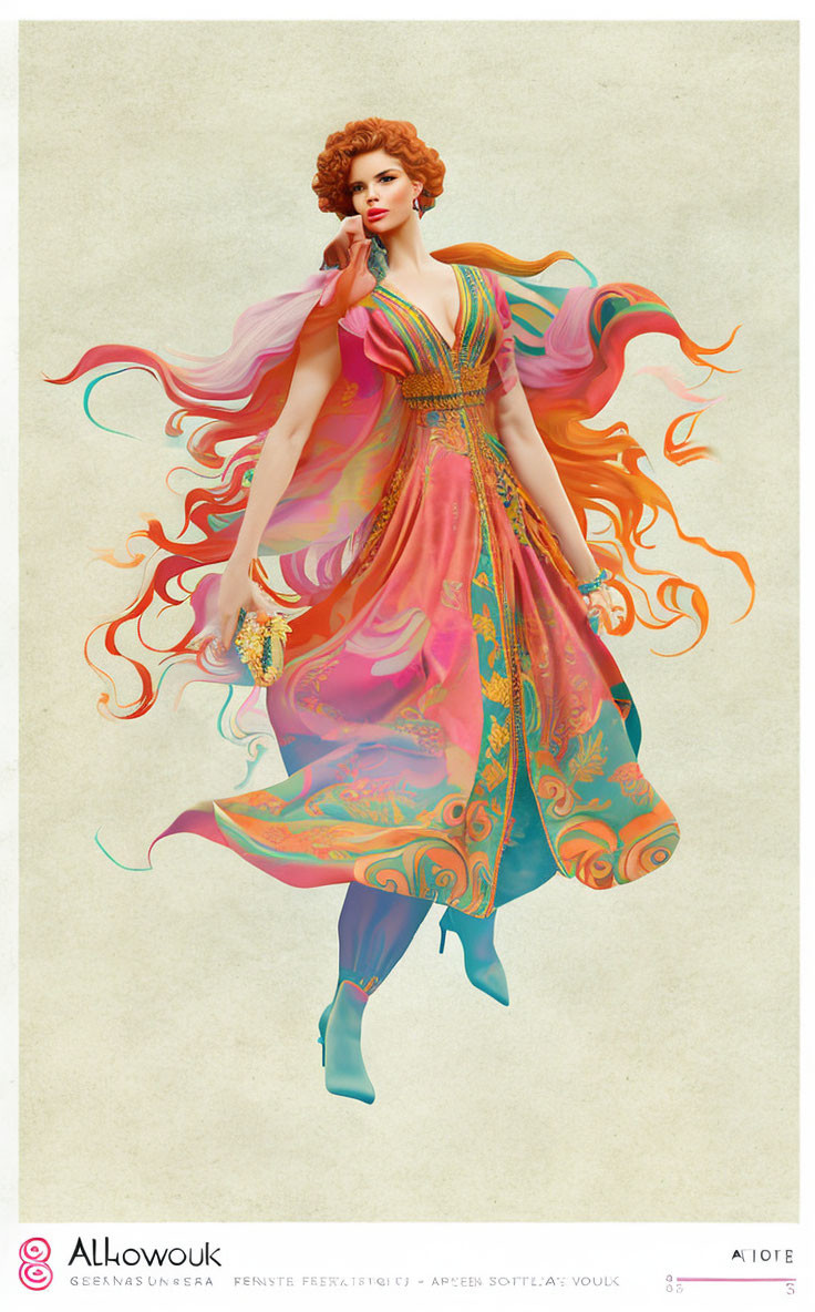 Colorful illustration of woman with fiery red hair in ornate dress swirls gracefully.