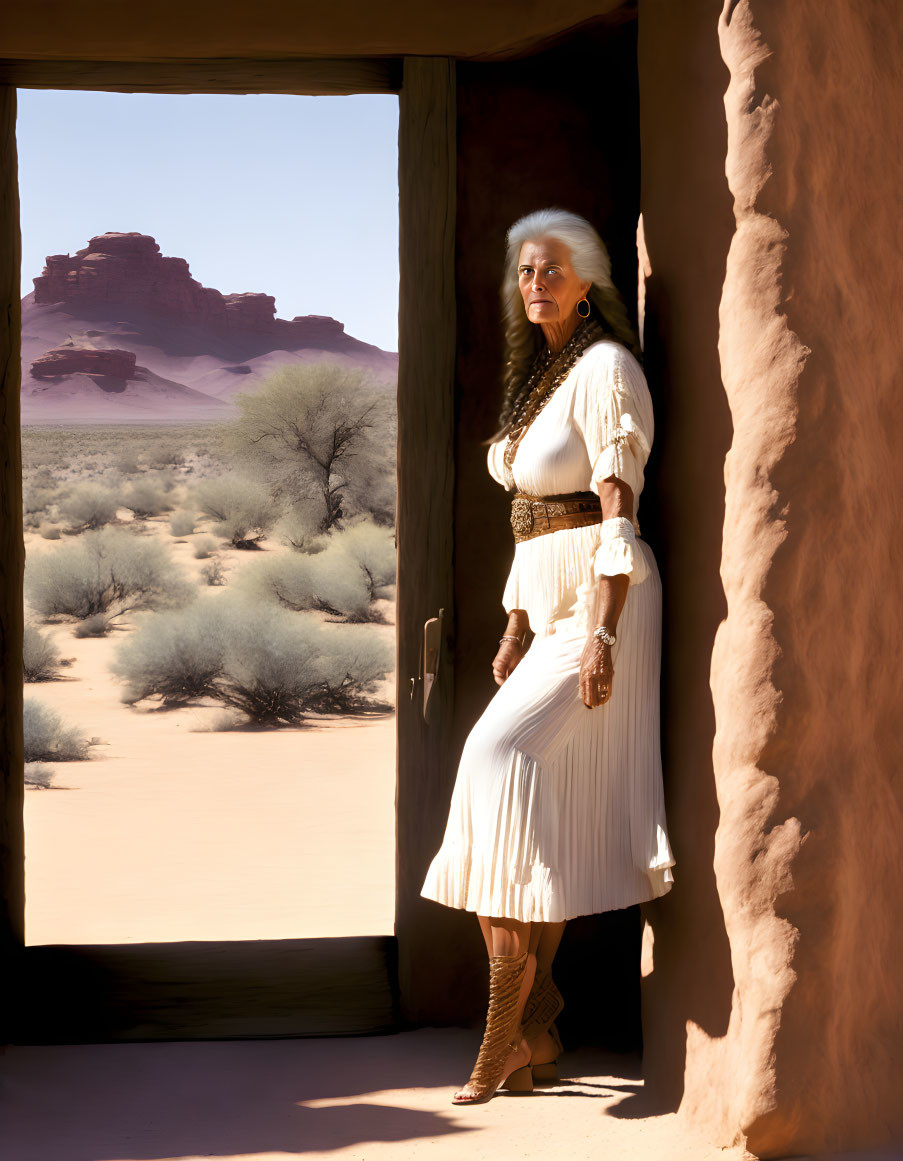 Contemplative woman with white hair in vintage dress at desert doorway