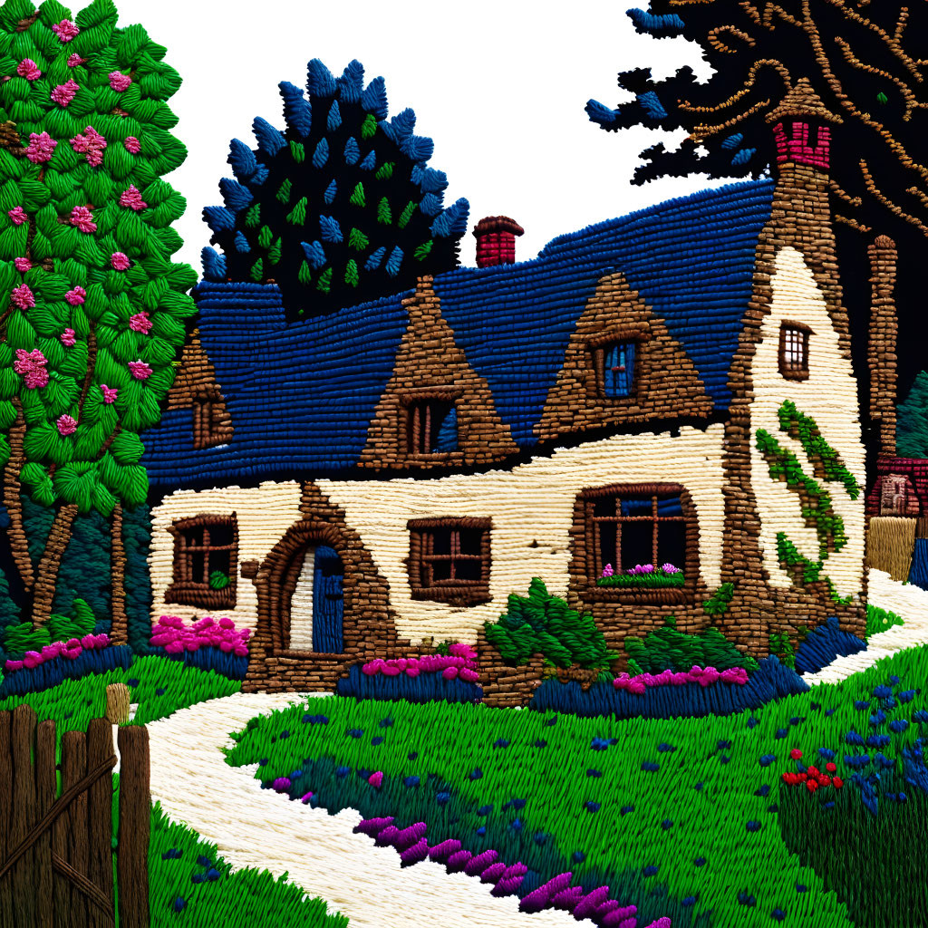 Vibrant cross-stitch style digital artwork of a quaint cottage surrounded by nature