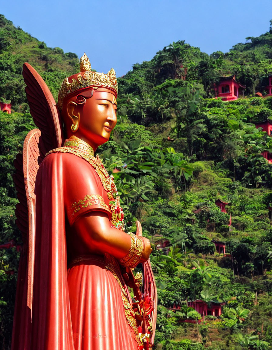 Golden-red winged figure statue with traditional headgear against green hills and red houses.