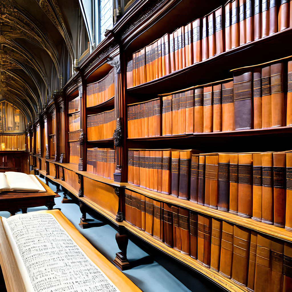 Ornate library with tall wooden bookshelves and leather-bound books under a vaulted ceiling