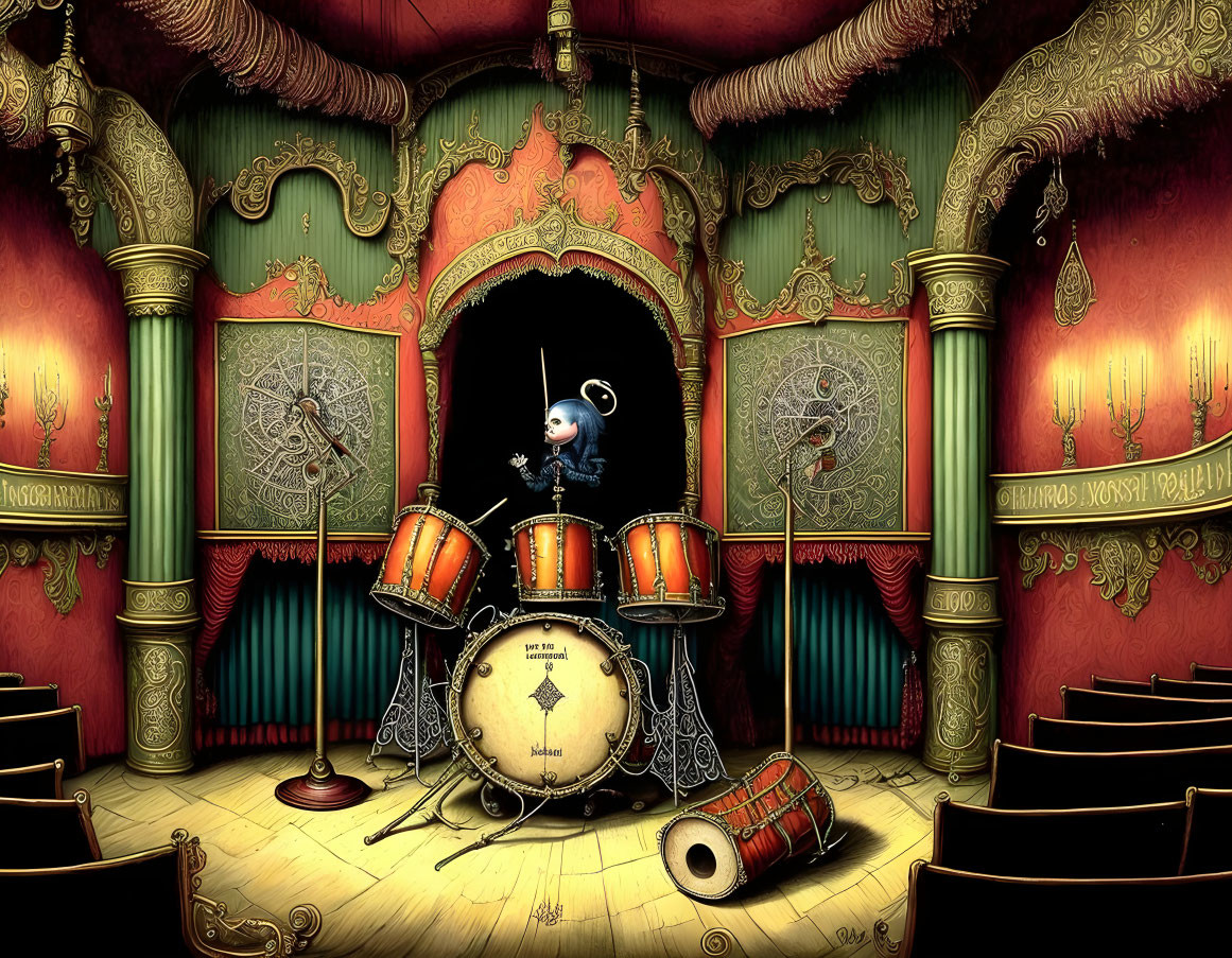 Animated skeleton in top hat drumming on vintage stage