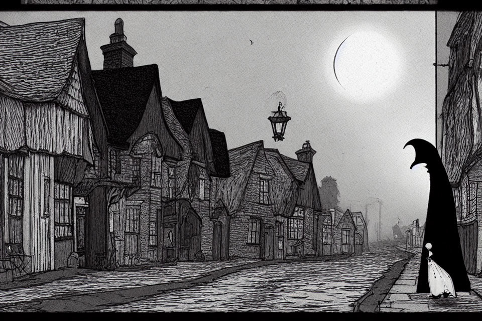 Monochrome cobblestone street in vintage village with streetlamp, houses, figure, crescent moon