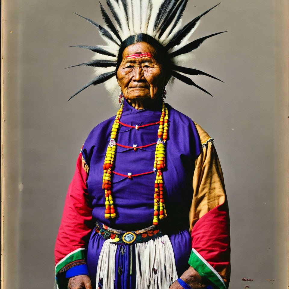 Elderly person in traditional Native American attire with feather headdress and colorful beads