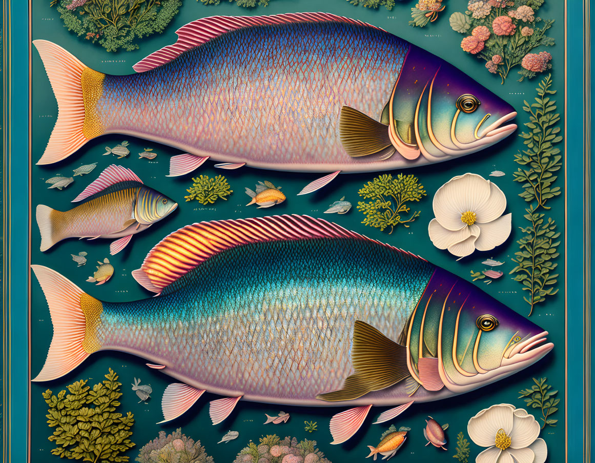 Colorful Fish and Marine Life on Turquoise Background